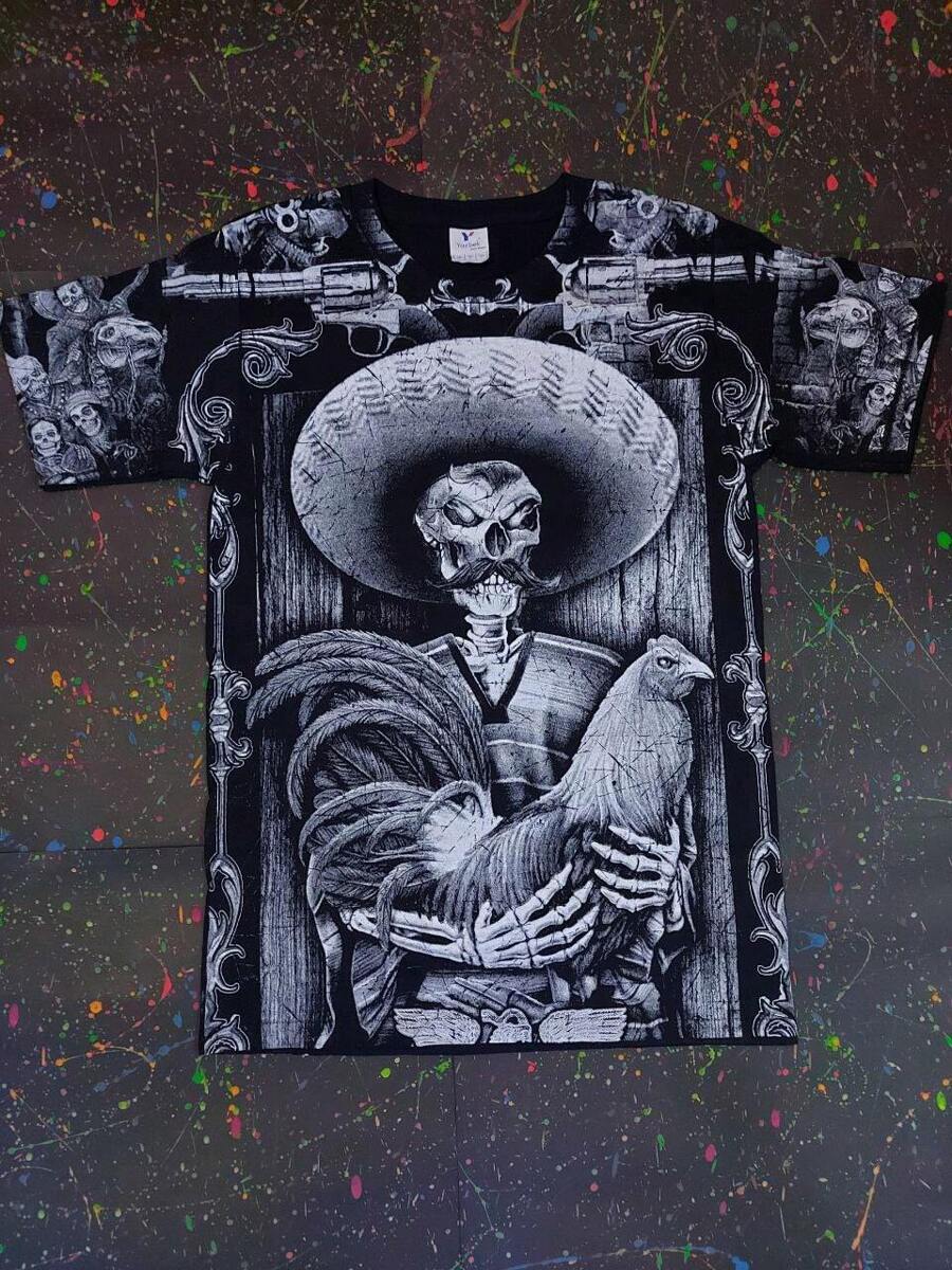 Black And White Charro Rooster Skull T-Shirt - 黑色 - 查看 1