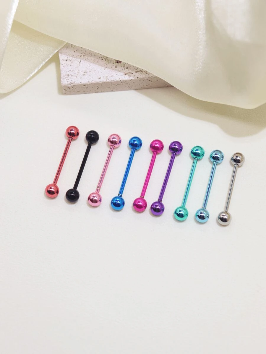 9入組多色時尚電泳鍍金啤酒花穿刺飾品,朋克潮流雙珠螺旋不銹鋼中性舌頭針