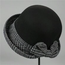 1 Miếng Thiết kế nơ Thanh lịch lòng chảo Mũ Đối với phụ nữ , Len Fedora Phong cách , Với Cuộn tròn Brim , Mùa thu Và Mùa Đông - màu đen - Xem 1