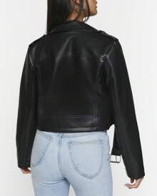 Faux Leather Cropped Moto Jacket - Black - View 2