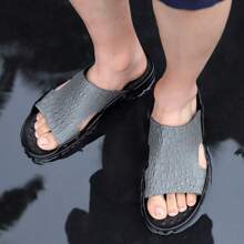 Men's Cowhide Leather Casual Alligator Pattern Pu Leather Anti-slip Durable Slippers, Wear Outside In Summer - Grey - View 4