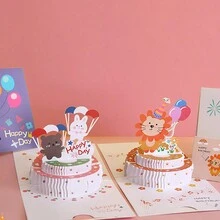 1套韓式可愛的熊和兔子生日蛋糕卡通創意3d賀卡,適用於生日、紀念日 - 彩色 - 查看 3