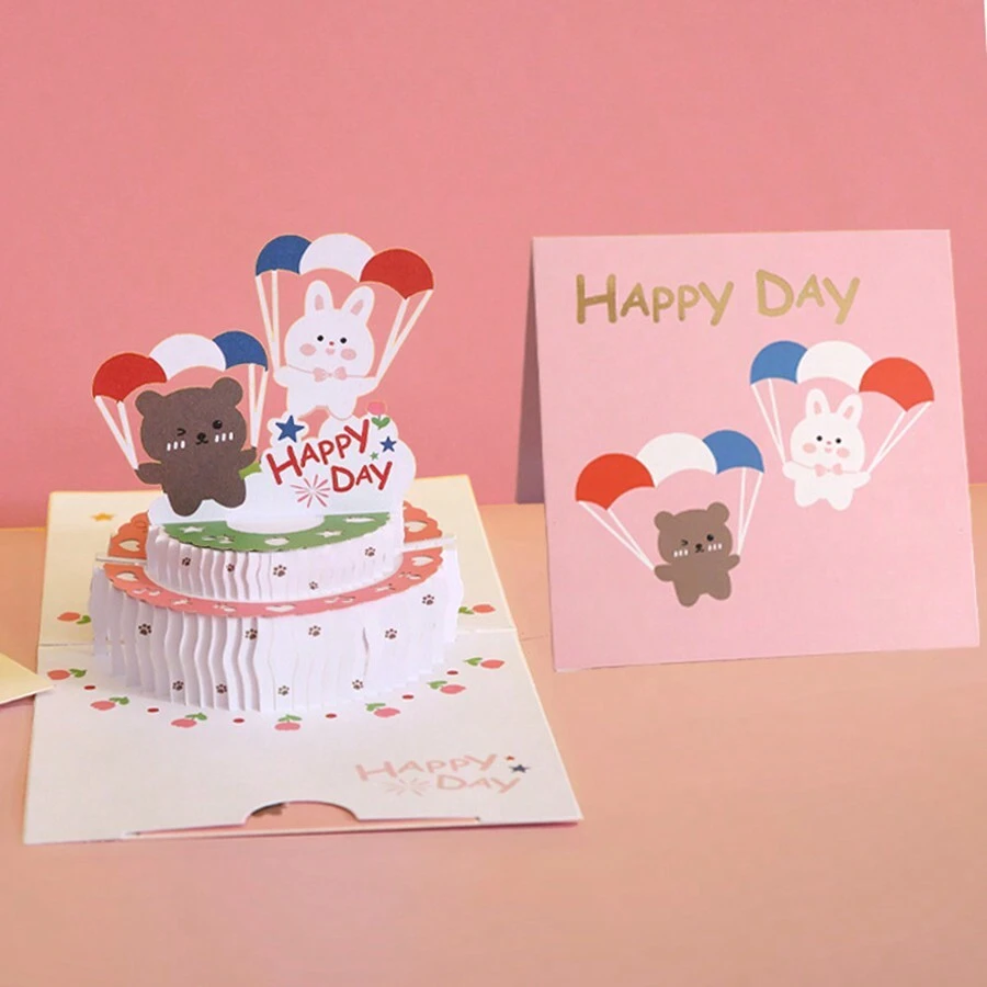 1套韓式可愛的熊和兔子生日蛋糕卡通創意3d賀卡,適用於生日、紀念日 - 彩色 - 查看 1