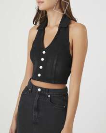 Plunging Denim Halter Crop Top - màu đen - Xem 3