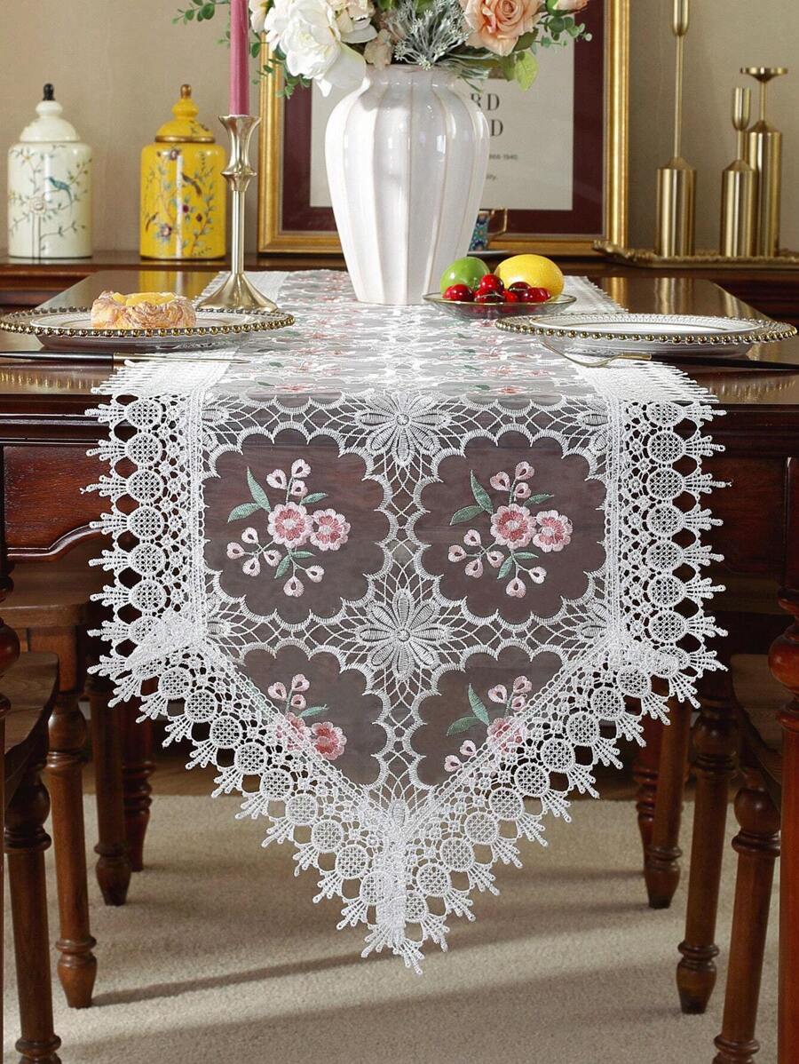 1pc 100% Polyester Fabric Exquisite Embroidered Lace Cutwork Table Runner, Kitchen Cabinet Scarf, Placemat, Home Decor, Holiday Decor, Indoor Outdoor, Party Wedding Table Runner