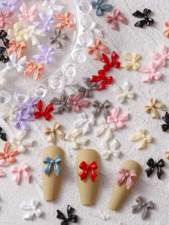 50 pièces Accessoires d'art pour ongles Y2K avec nœud papillon coloré en 3D. Nœud papillon multicolore mélangé, DIY Goth simple à fond plat et brillant. Accessoires mignons pour ongles femmes, décorations d'ongles, strass pour ongles et fournitures pour ongles