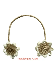1pc Bohemian Style Beige Rope Tieback With Flower For Adjustable Curtains, No Need To Drill Wall For Curtain Tieback - Beige - View 4