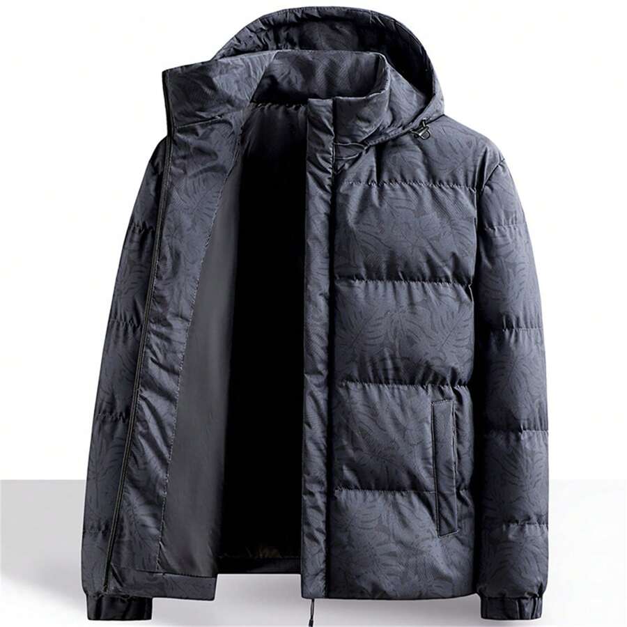 男士黑色图案加厚棉服外套，时尚保暖防风冬季 - 黑色 - 查看 1