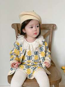 Baby Floral Pattern Contrast Lace Cardigan & Cami Knit Bodysuit - Multicolor - View 2
