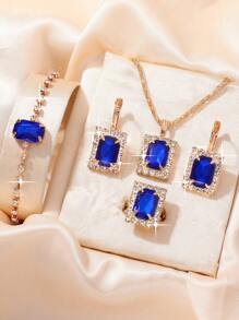 5pcs/set Women's Blue Jewel Square Shaped Jewelry Set - Royal Blue - View 1