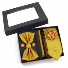 6 件装奢华男士金色领带套装，包括领带、领结、口袋巾、袖扣、翻领别针和礼品盒 - 金色 - 查看 2