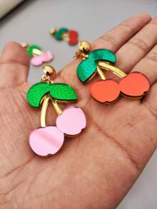 1pair Vintage Sweet & Lovely Acrylic Mirror Pink & Red Cherry Earrings Suitable For Women's Art Festival Performance, Cosplay, Daily Wear