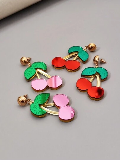 1 Par De Aretes Vintage Dulces Y Encantadores De Espejo Acrílico Rosa Y Rojo Con Cerezas, Adecuados Para Actuaciones De Festivales De Arte, Cosplay Y Uso Diario De Las Mujeres