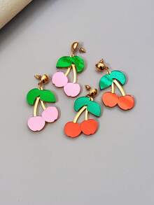 1pair Vintage Sweet & Lovely Acrylic Mirror Pink & Red Cherry Earrings Suitable For Women's Art Festival Performance, Cosplay, Daily Wear