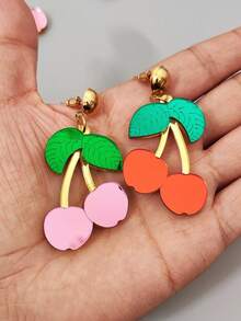 1pair Vintage Sweet & Lovely Acrylic Mirror Pink & Red Cherry Earrings Suitable For Women's Art Festival Performance, Cosplay, Daily Wear