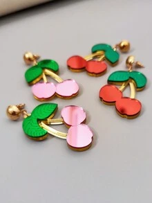 1pair Vintage Sweet & Lovely Acrylic Mirror Pink & Red Cherry Earrings Suitable For Women's Art Festival Performance, Cosplay, Daily Wear