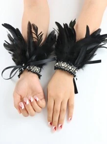 1 Coppia di guanti senza dita in pizzo e piume, accessori per costumi da festa e ballo, Ognissanti - nero - Visualizzare 1