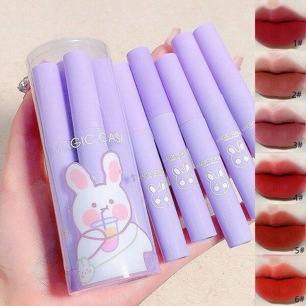 6 piezas/caja de terciopelo mate Brillo de labios , PVC redondo tubo empaquetado Lápiz labial , piel color con no es fácil a