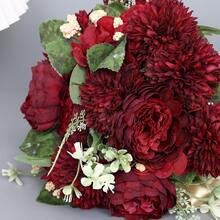 1入新娘伴娘手持花束,酒紅色牡丹刺繡球型人造花,復古時尚優雅浪漫,婚禮派對客廳節日裝飾