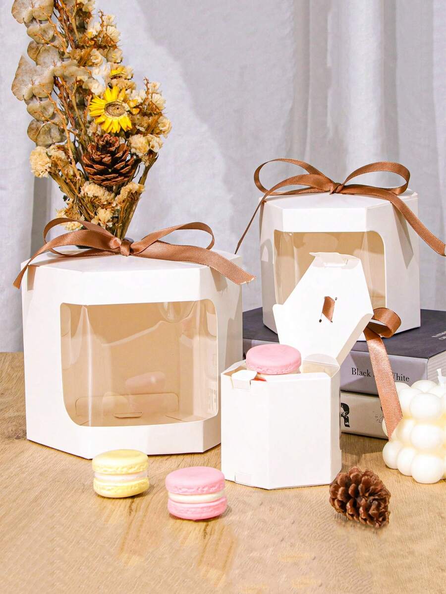5pcs White Window Transparent Ribbon Folding Paper Box Candy Gift Box Wedding Companion Hands Gift Box Birthday Gift Party Party Gift Box - White - View 1