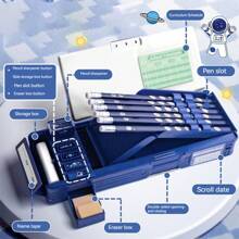 1 个随机多功能文具盒学生密码锁铅笔盒双层大容量机械铅笔盒适合学生学习 - 藍色 - 查看 3