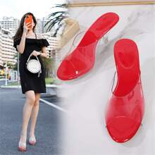 Women's Clear Heels Sandals Clear Strap Slip On Transparent Kitten Mules - 紅色 - 查看 5