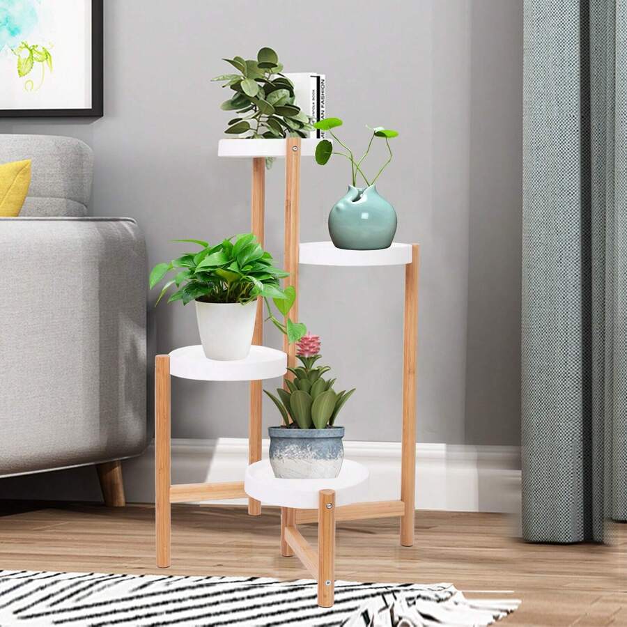 UNHO Corner Plant Stand Indoor, Plant Display Shelf Bamboo Plant Pot Stand Holder Tall Flower Stand Rack For Indoor Home Decor 3 Tier / 4 Tier - Beige - View 1