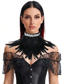 1pc Black Lace Trim Feather Neck Wrap Scarf False Collar For Cosplay, Party Costume Accessory - Black - View 6