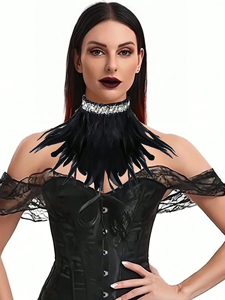 1pc Black Lace Trim Feather Neck Wrap Scarf False Collar For Cosplay, Party Costume Accessory - Black - View 1