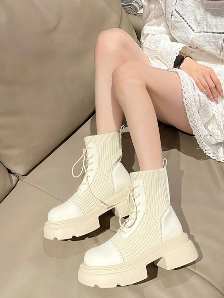 女士白色厚底短靴，英伦风弹力袜筒，薄款高筒个性短靴 - 白色 - 查看 1