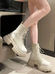 女士白色厚底短靴，英伦风弹力袜筒，薄款高筒个性短靴 - 白色 - 查看 3