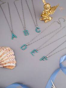 1pc Western Cowboy Style Turquoise Inlayed Alphabet Pendant Necklace - Antique Silver - View 3