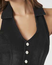 Plunging Denim Halter Crop Top - màu đen - Xem 4