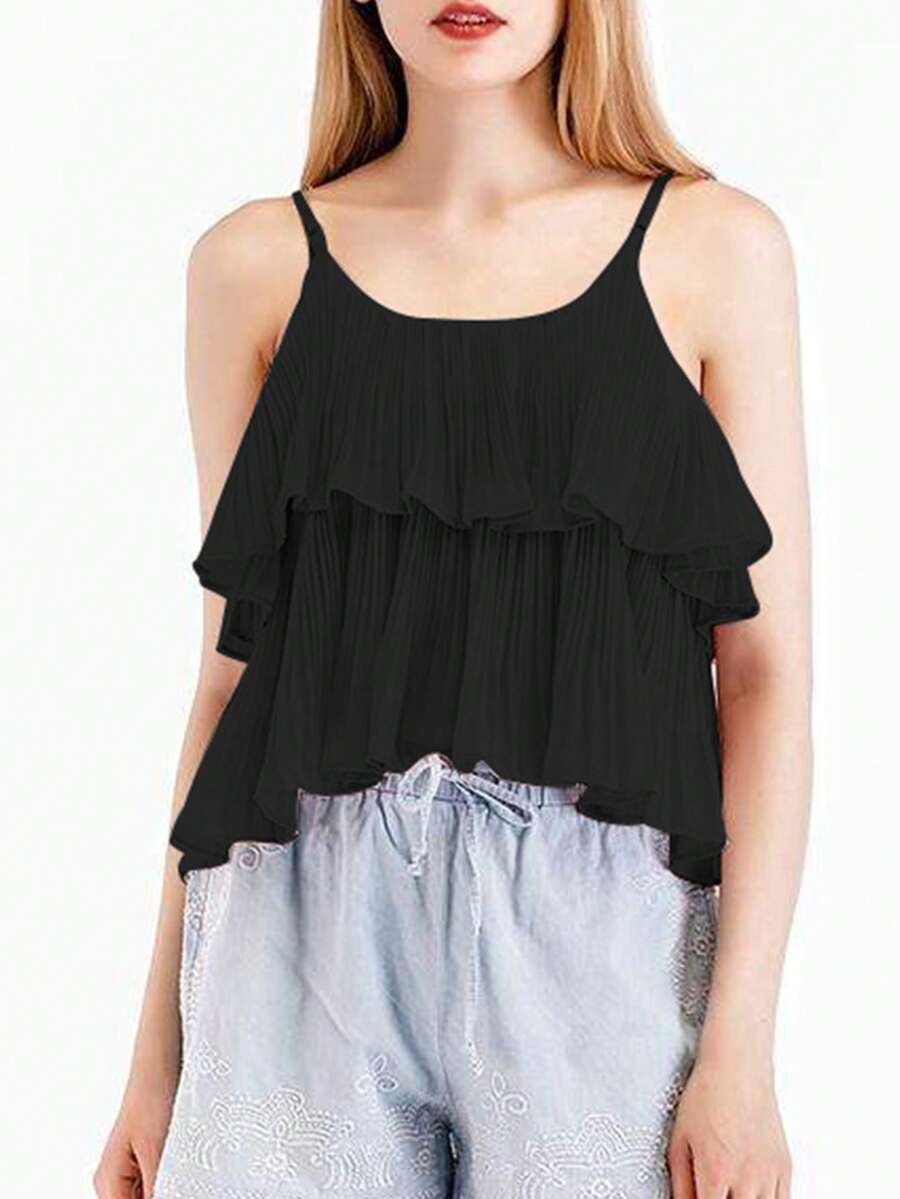 Tops de tirantes unicolor a capas para mujer - Negro - Ver 1