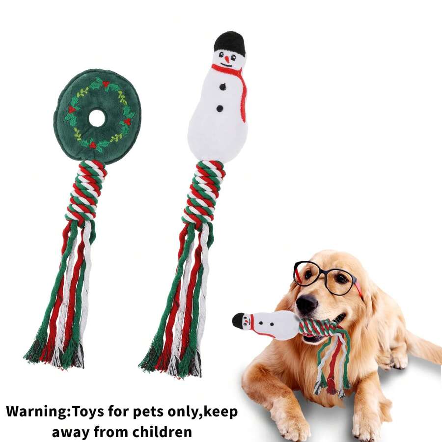 白綠色聖誕狗咀嚼玩具套裝,2入組聖誕狗繩玩具,發出聲音的訓練玩具,聖誕老人狗毛絨互動玩具,適用於小型狗的牙齒玩具