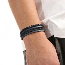 HX Men Bead Decor Braided Detail Bracelet, For Jewelry Gift And Party - Black - View 4