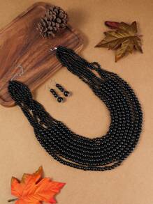 3入組層疊夸張復古風手工重度編織木珠耳環,適合波西米亞、歐洲、非洲和韓國風格的聚會、假期和聚會 - 黑色 - 查看 3