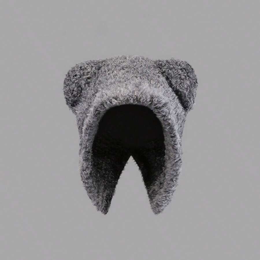 1頂女士灰色可愛小熊耳秀出小臉的秋冬百搭保暖毛絨耳保暖針織帽子 - 灰色 - 查看 1