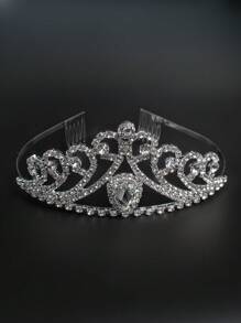 1pc Bride Decor Diamond & Water Drop Shaped Hairband Crown, Copper Alloy Material - Silver - View 1