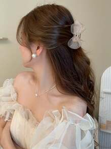 2个新款网状蝴蝶结刘海夹，约6厘米长，爪夹式，冬季发饰，优雅发夹 - 香檳色 - 查看 3