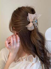 2个新款网状蝴蝶结刘海夹，约6厘米长，爪夹式，冬季发饰，优雅发夹 - 香檳色 - 查看 4