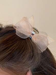 2个新款网状蝴蝶结刘海夹，约6厘米长，爪夹式，冬季发饰，优雅发夹 - 香檳色 - 查看 2