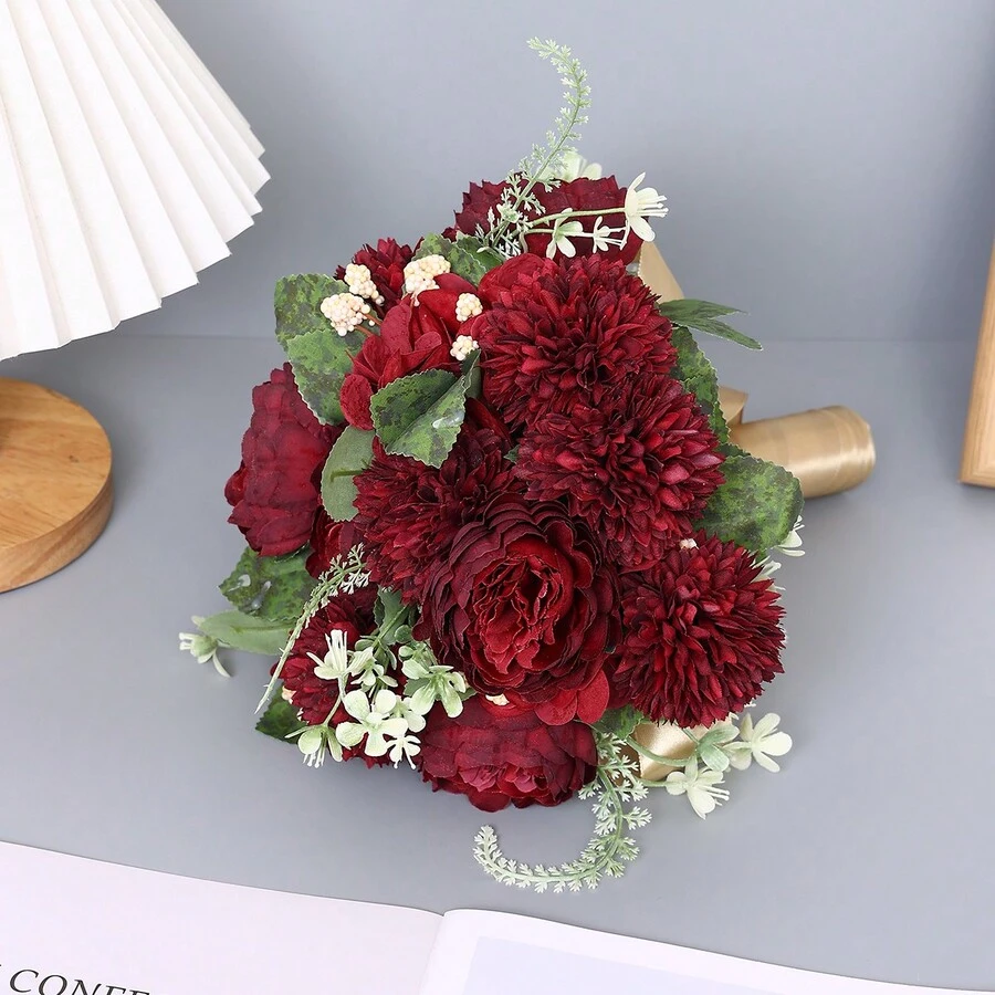 1入新娘伴娘手持花束,酒紅色牡丹刺繡球型人造花,復古時尚優雅浪漫,婚禮派對客廳節日裝飾