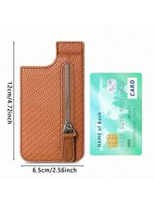 1pc Universal Mobile Phone Card Holder With Zipper Coin Pocket, 3m Adhesive Back Sticker, Multi-functional Card Slot Wallet - Brown - View 3