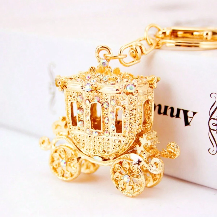 1pc Cartoon Car Double Sided Diamond Keychain Pendant - Gold - View 1