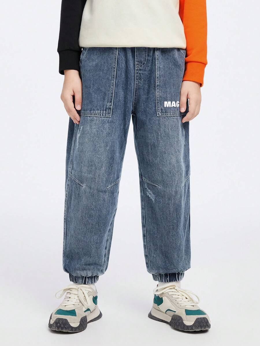 Annil 少年男童休閒百搭、彈性腰設計、純棉舒適牛仔褲 - 藍色 - 查看 1