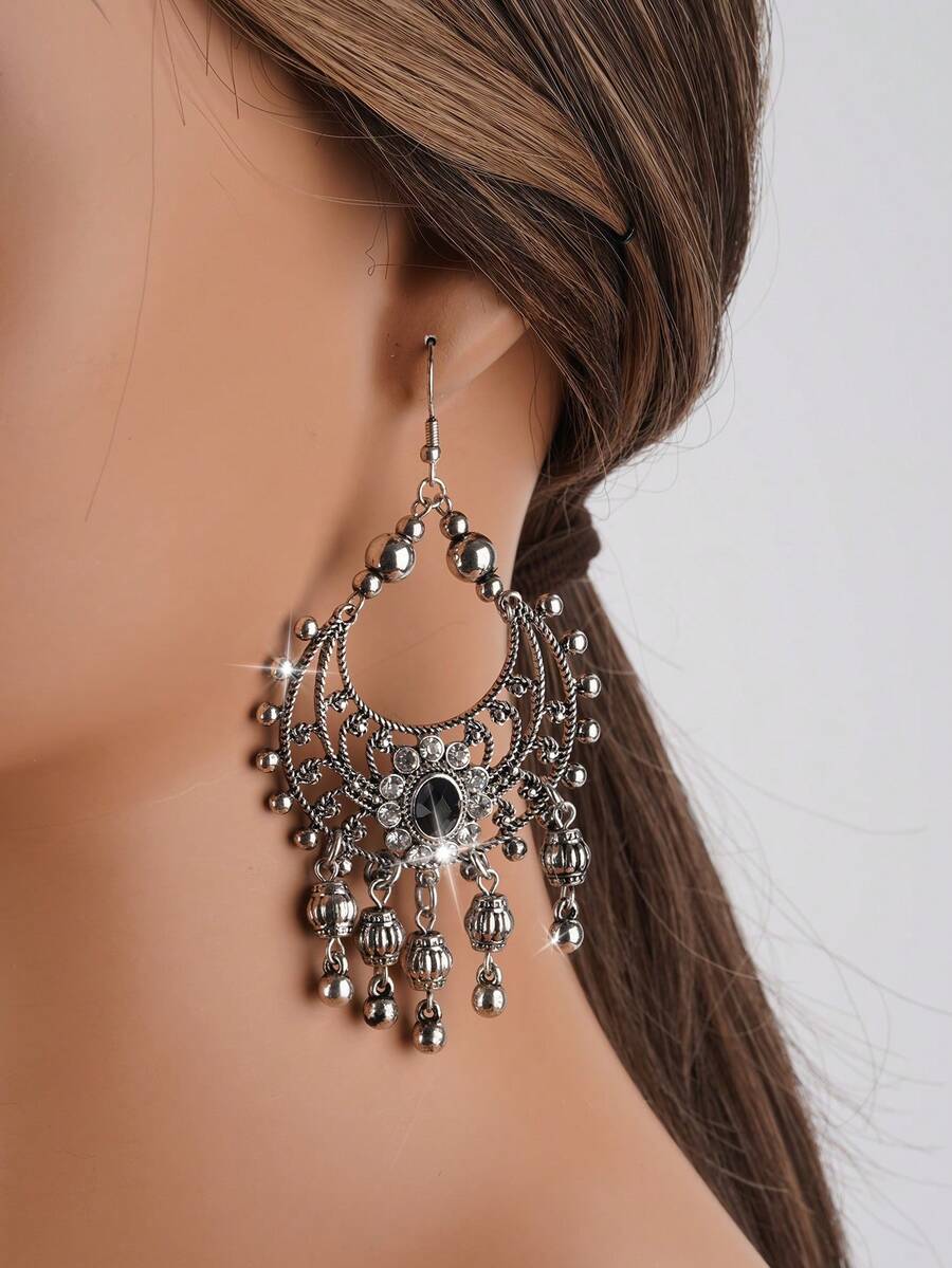 1pair Fashionable Personalized Elegant All-Match Vintage Rhinestone Inlaid Drop Earrings With Tassel For Women, Suitable For Party Or Casual Occasions - Antique Silver - View 1