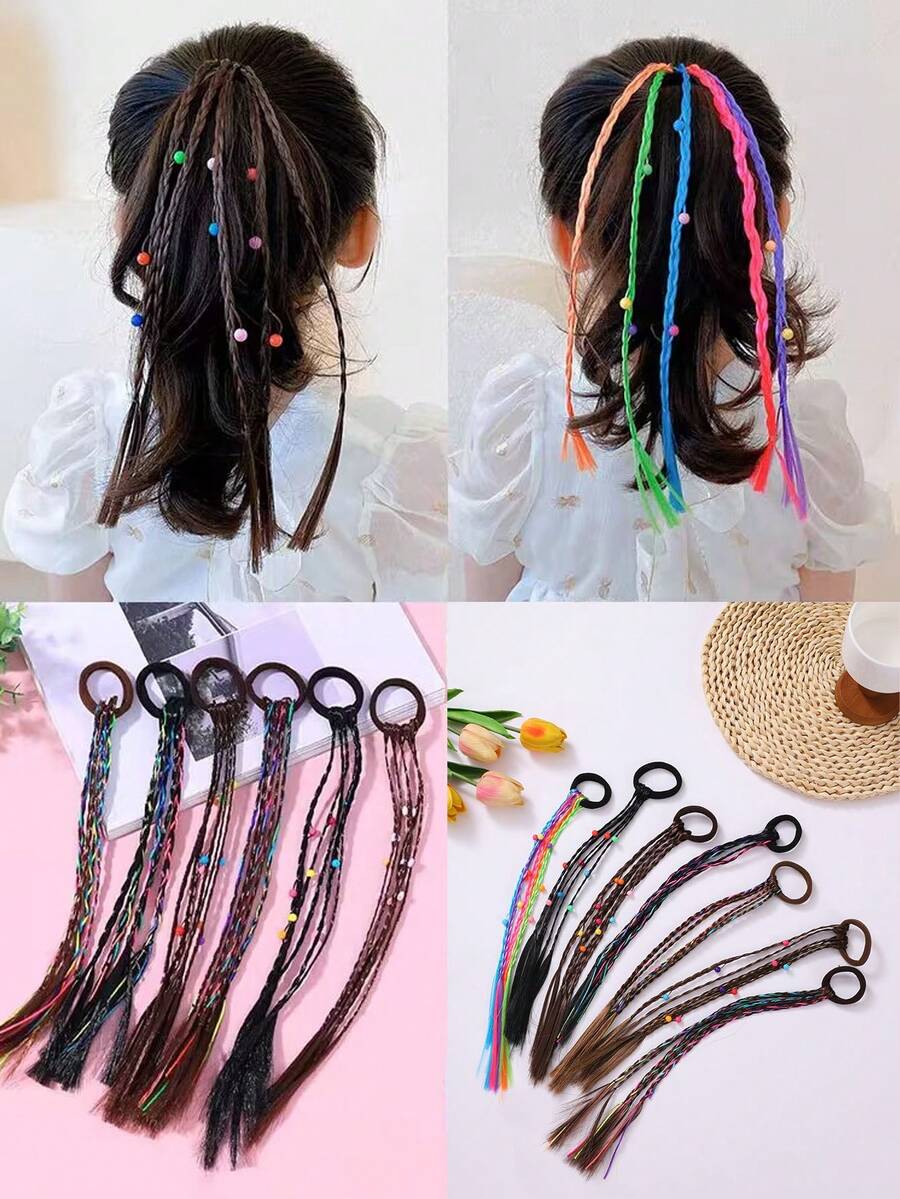 1個假髮兒童頭帶,可幫女孩的小辮子造型,帶有彩色織帶鬆緊頭髮