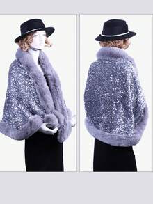 女士重檔刺繡亮片裝飾,輕奢時尚優雅,適用於晚宴和舞會,加厚絨毛披風和圍巾