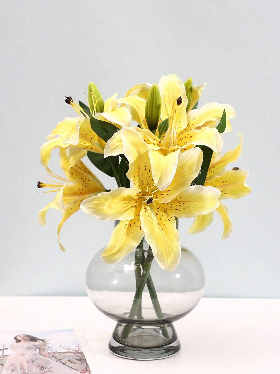 3 件人造百合花莖,簡約聚酯假花家居裝飾 - 黃色 - 查看 1